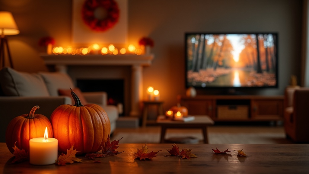 cozy autumn decorations with a pumpkin and glowing candles next to a TV