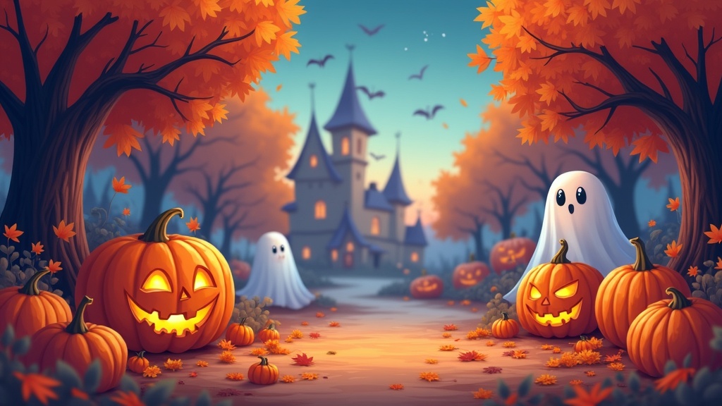 A colorful animated Halloween scene featuring pumpkins, friendly ghosts, and autumn scenery—all with a cartoon style
