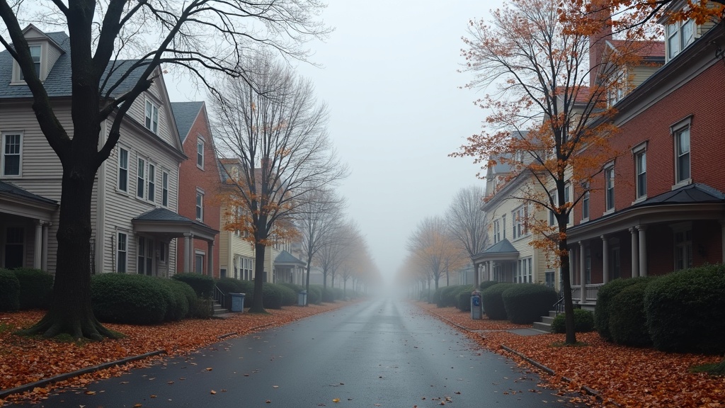A foggy, historic street in Salem, Massachusetts with autumn leaves and classic New England architecture