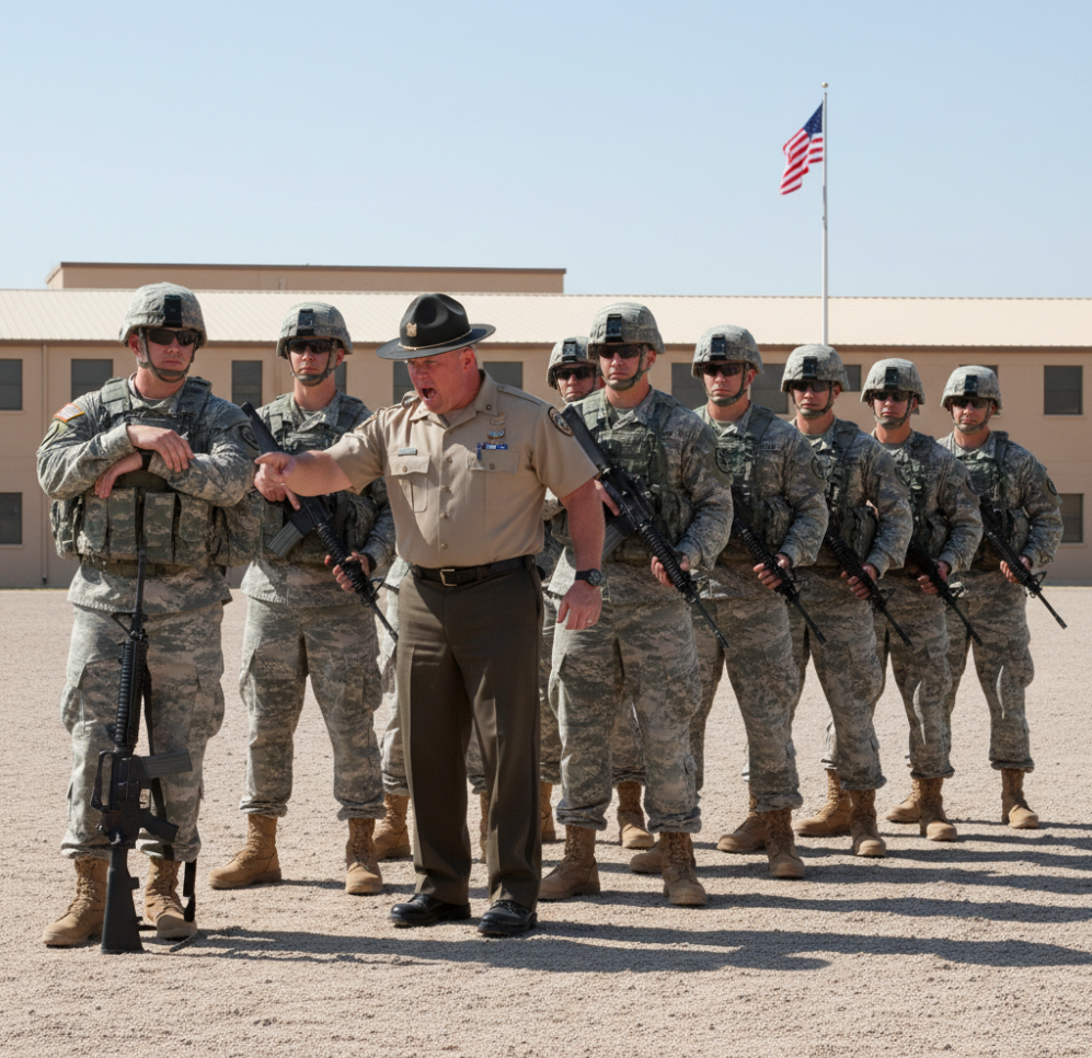 Army soldier leaning on rifle
