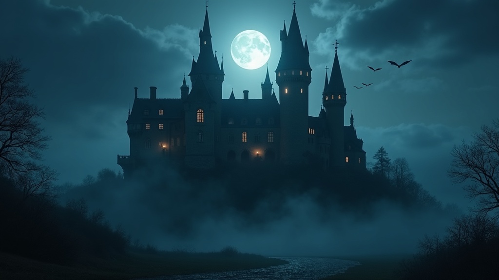 Classic gothic castle exterior at night with mist and moonlight, reminiscent of Dracula 1931 atmosphere
