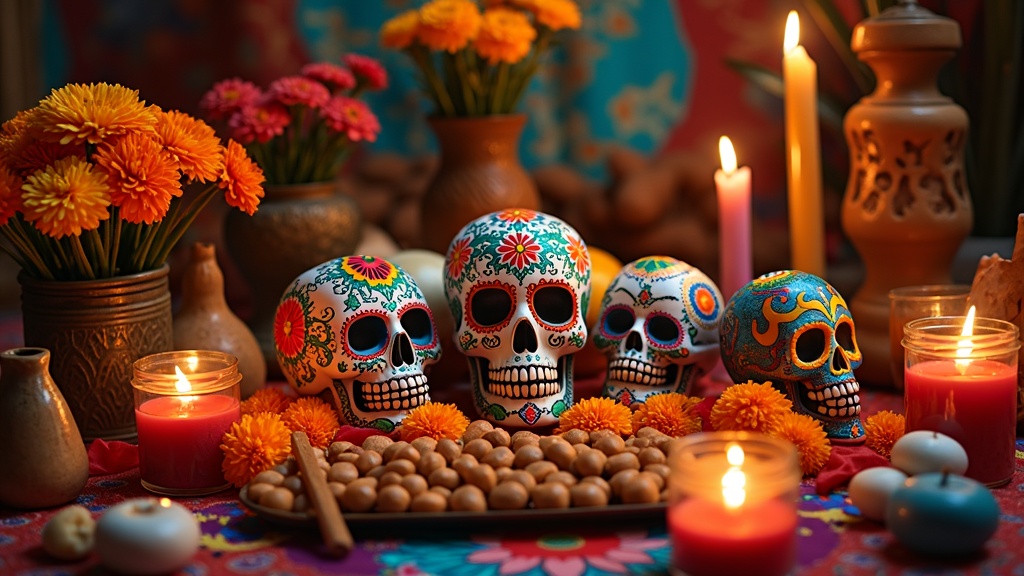 Glowing, decorated Day of the Dead altars with candles, marigold flowers, and sugar skulls in a festive setting