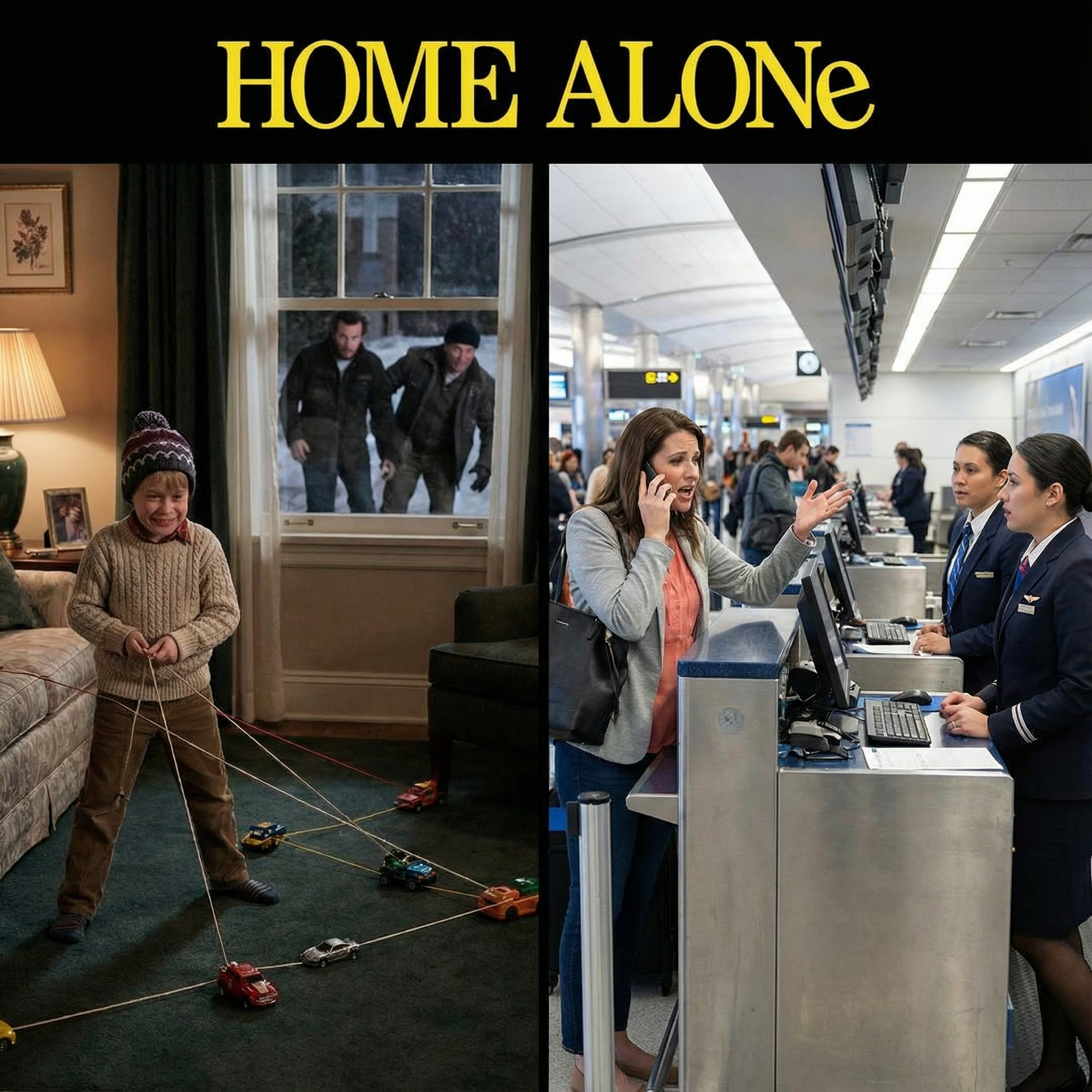 Home Alone, kid setting traps for burglars while his mother is in the airport ticket line
