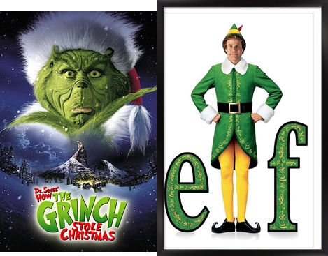 How the Grinch Stole Christmas (2009) Jim Carrey Christmas movie poster and Elf (2003) Will Ferrell humorous Christmas film